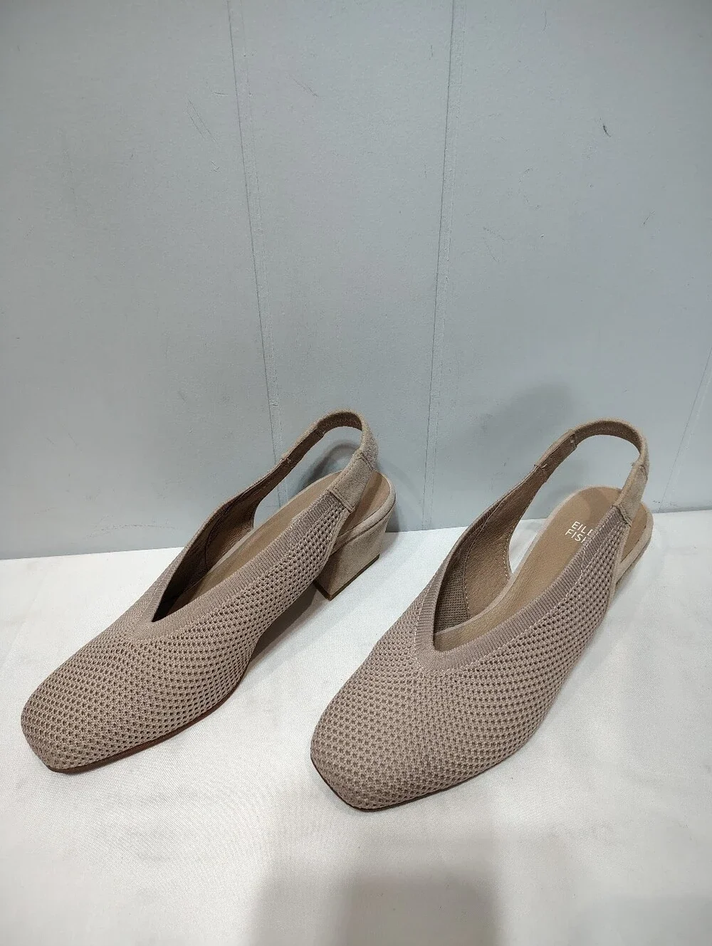 Eileen Fisher Vasa Taupe Recycled Stretch Knit Slingback Block Heels 7.5
